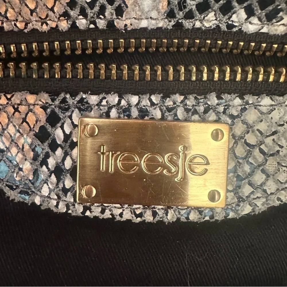 Treesje Beige Stripe Canvas Snakeskin Print Handbag Satchel Purse